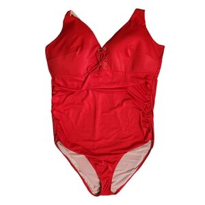 Cacique Lane Bryant Red Grommet Wire Free One Piece Bathing Swim Suit Size 32